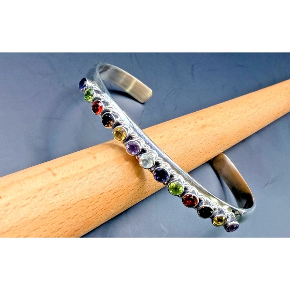 Sterling Silver 925 India NB Multi Gemstone Cuff Bracelet - Rainbow Stones